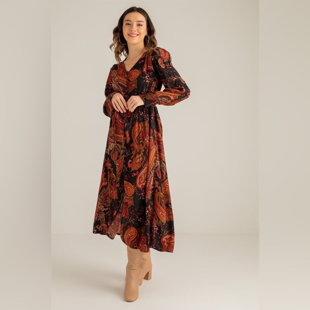 NWOT Zara paisley print smocked a neck button down dress Size XS - Picture 3 of 12